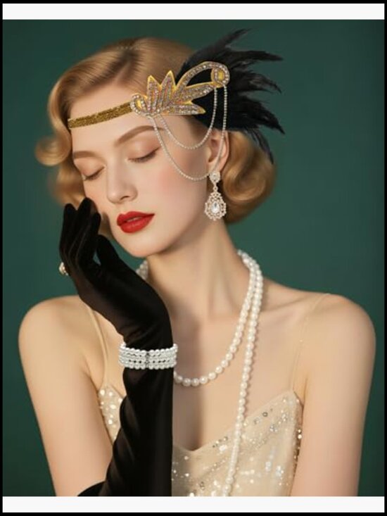 Roaring 20s Flapper Accessory Set Feather Headband Vintage Pearl Necklace Opera